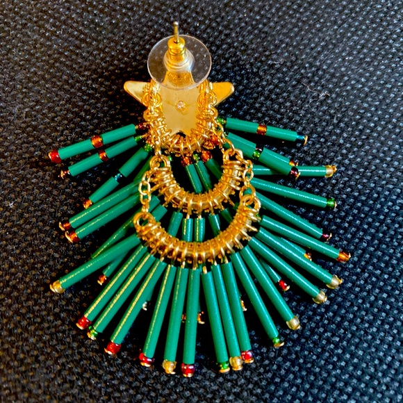 Forest Green Gold-Tone Pavé & Multicolor Bead Holiday Tree Drop Earrings - Picture 5 of 6